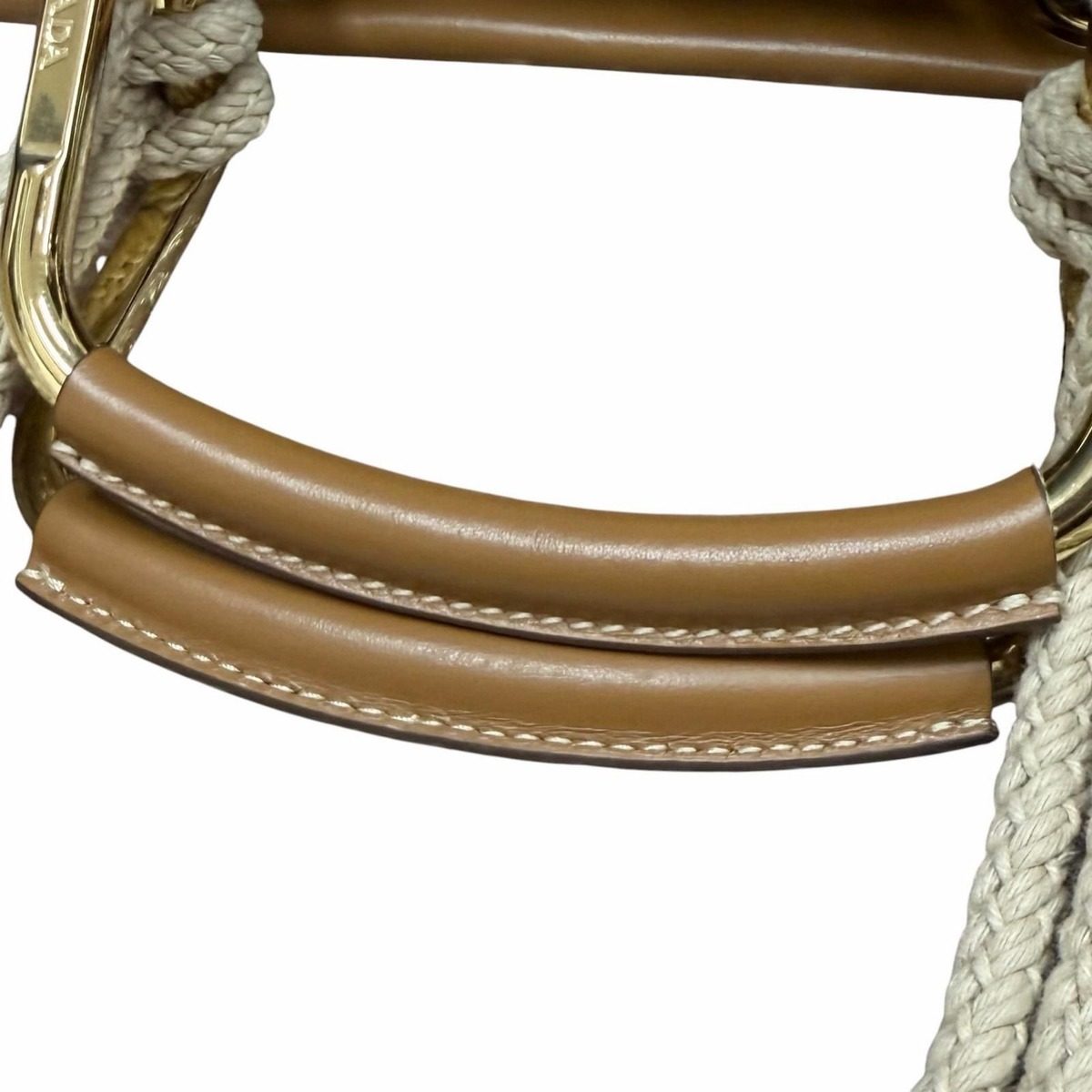 Prada Triangle Logo Stripe Leather Canvas Tote Brown White — view 7
