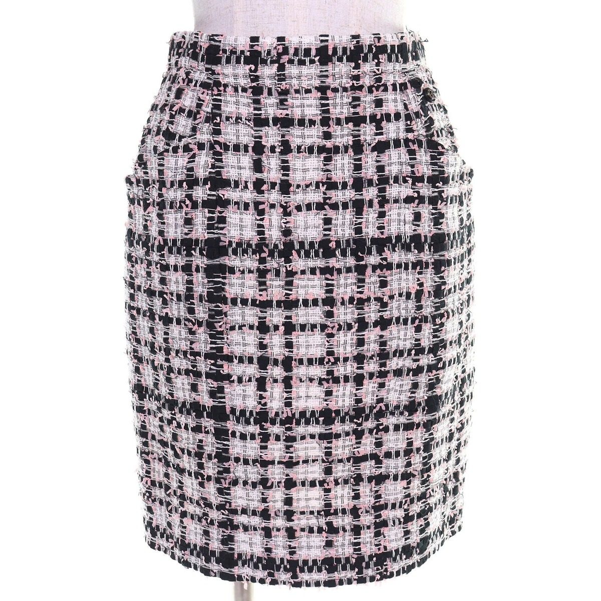 Chanel CC Logo Check Twisted Skirt Lining Silk Pink Black White 36