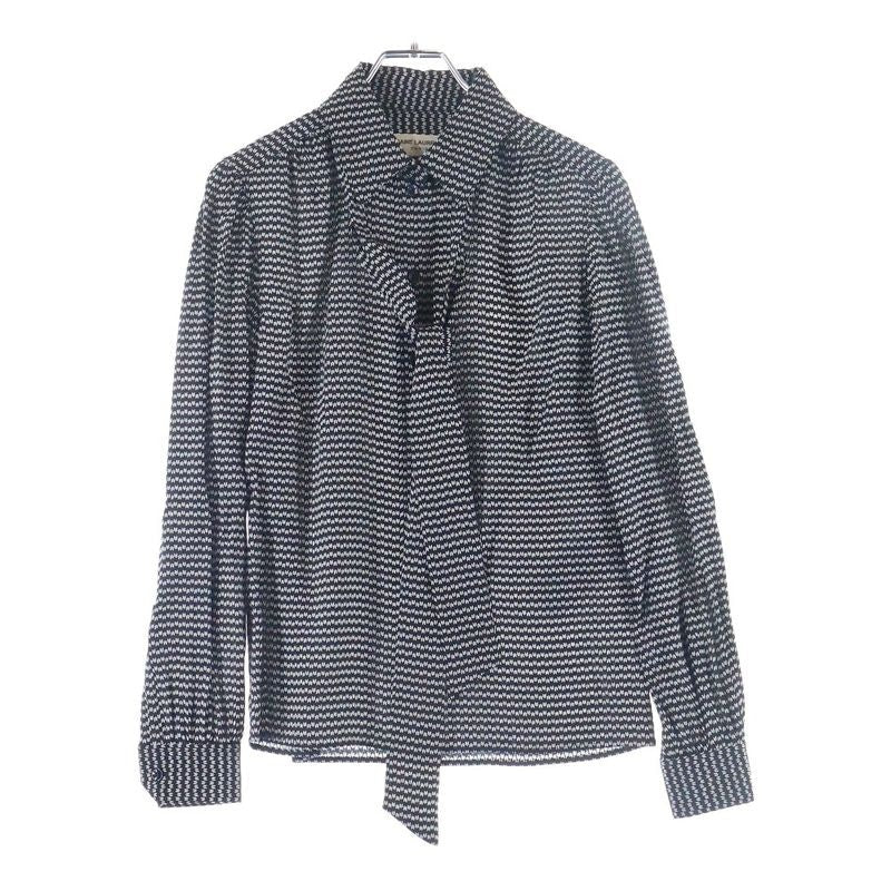 Saint Laurent Paris All-Over Print Silk Long-Sleeved Shirt Blouse with Tie