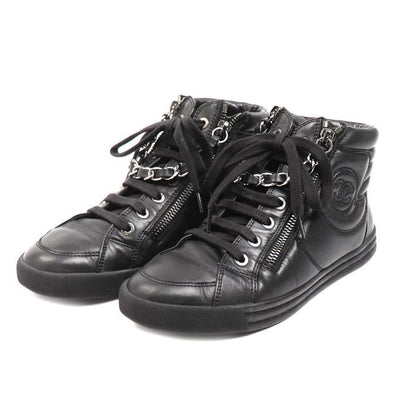 Chanel Leather Chain High Cut Sneakers Black 33