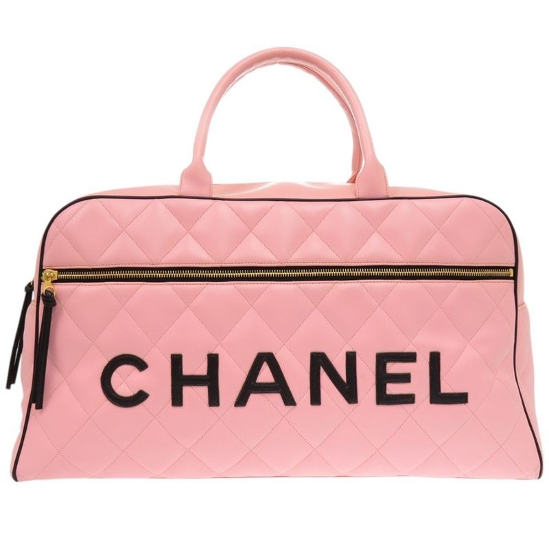 Chanel Quilted Lambskin Pink Number 3 Logo Boston Bag 0475