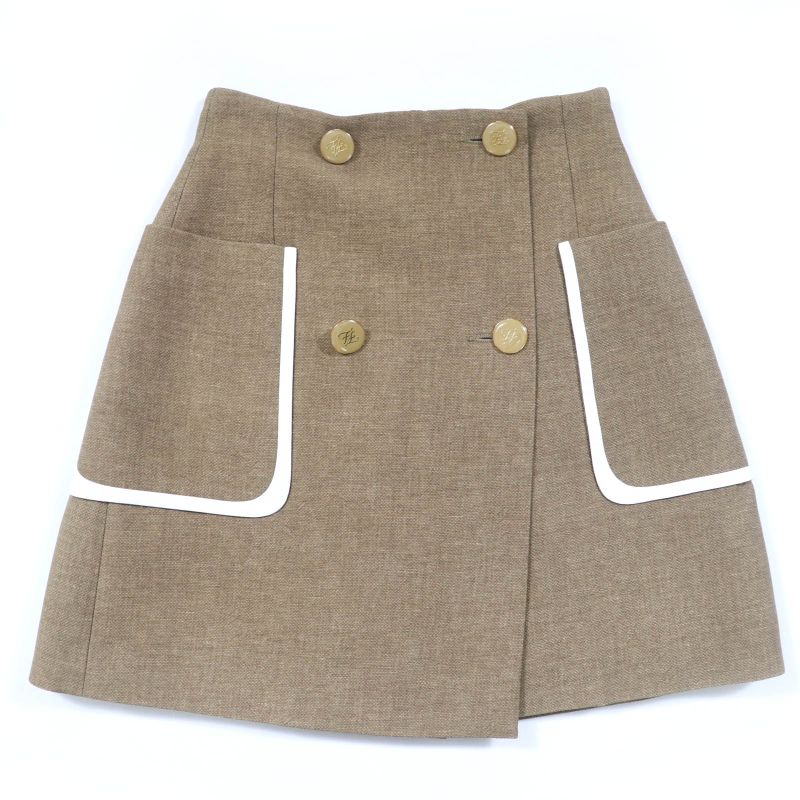 Fendi Fq7097 Wool Silk Leather Use FF Calligraphy Button Trapezoid Skirt Mini