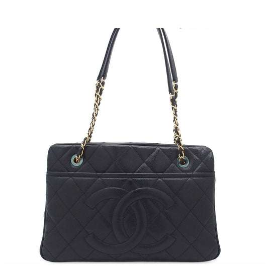Chanel Jumbo CC Logo Mark Black Gold Caviar Leather Tote Shoulder Bag