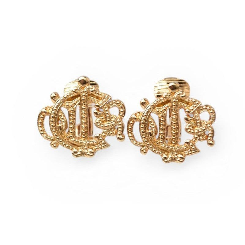 Dior Earrings Vintage Logo Emblem Gold