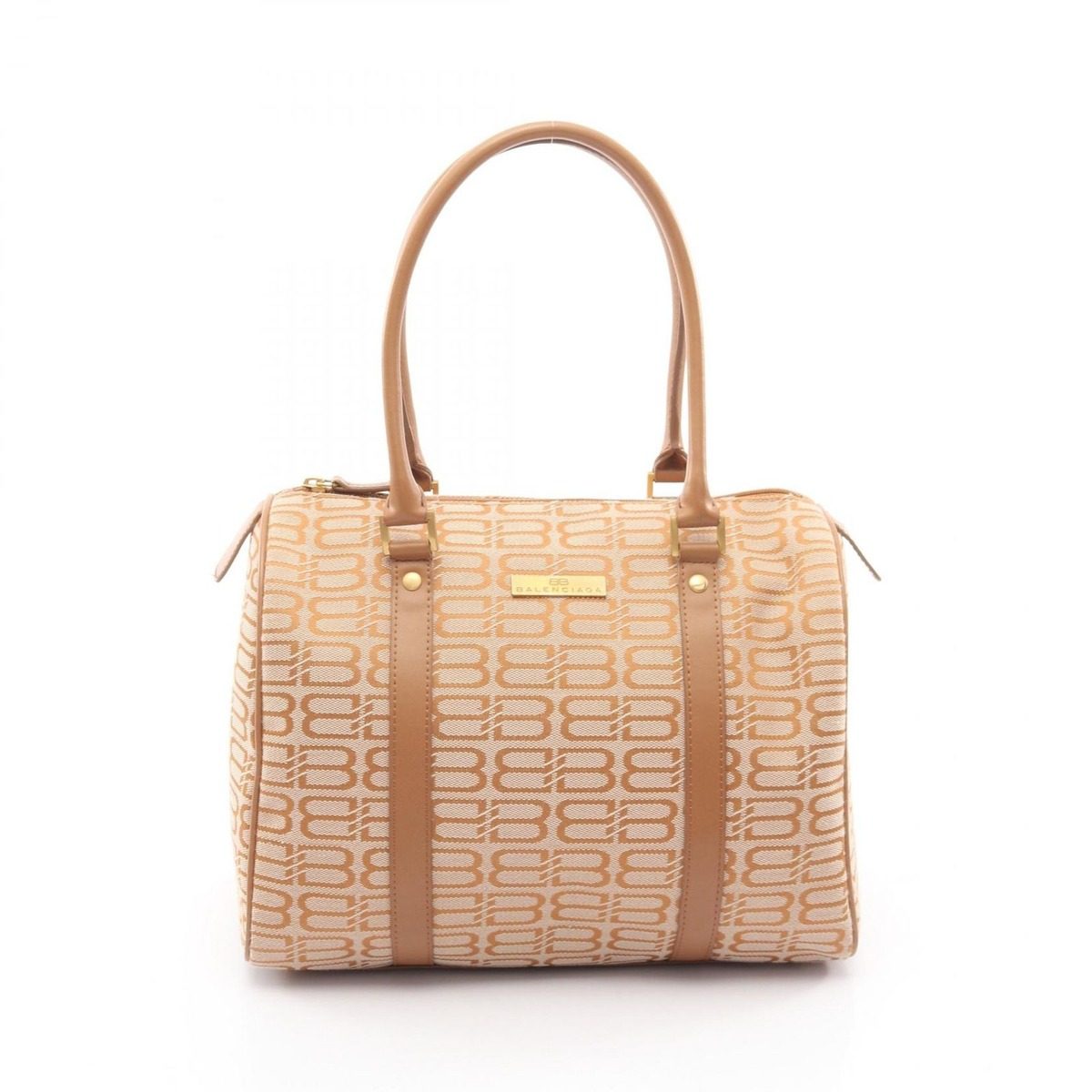 Balenciaga Bblogo Beige Brown Canvas Leather Boston Bag