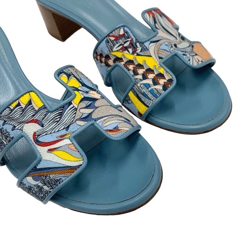 Hermes Oasis Sandals Shoes Canvas Leather Light Blue Multicolor Mule Pattern