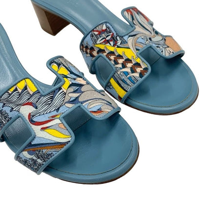 Hermes Oasis Sandals Shoes Canvas Leather Light Blue Multicolor Mule Pattern