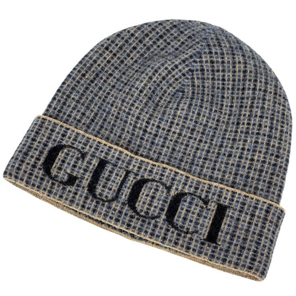 Gucci Plaid Knit Cap Logo Hat Cap Wool Nylon Gray Blue