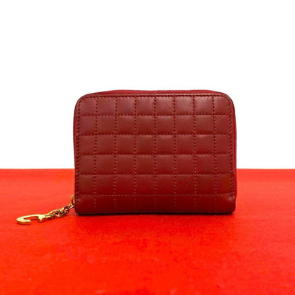 Celine Compact Zip Wallet C Motif Quilted Leather Bifold Coin Case Red