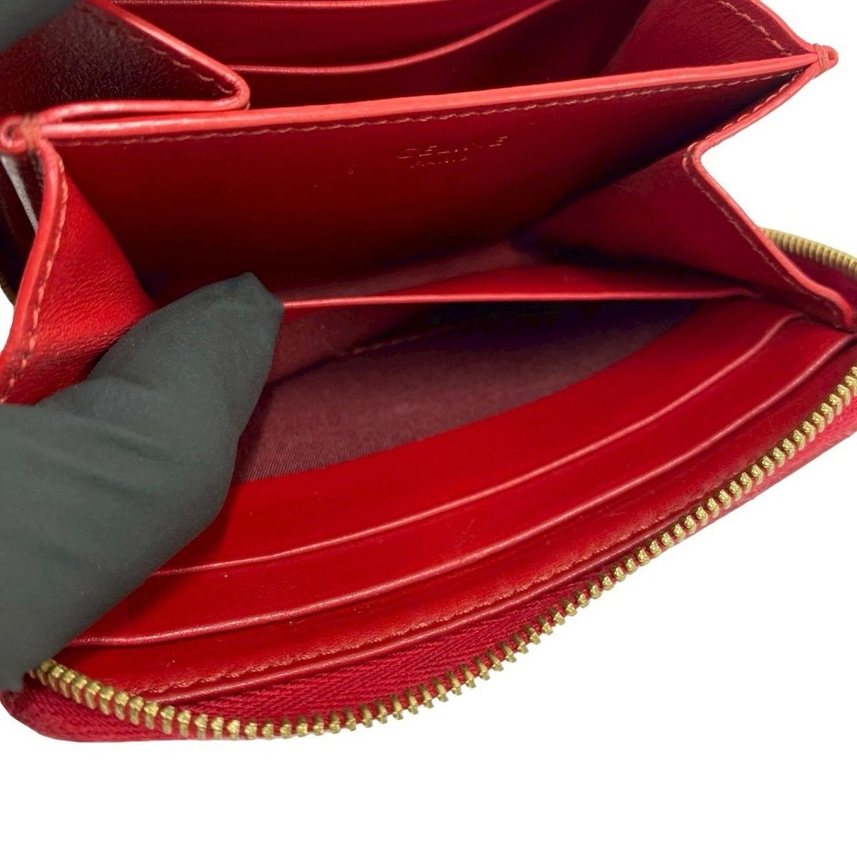 Celine Compact Zip Wallet C Motif Quilted Leather Bifold Coin Case Red — view 8