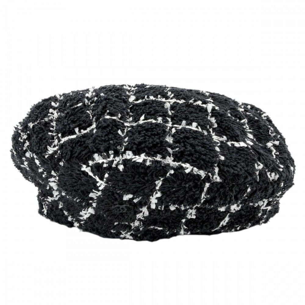 Chanel Beret Check Hat CC Logo M Cotton Polyamide Polyester Black White Spring