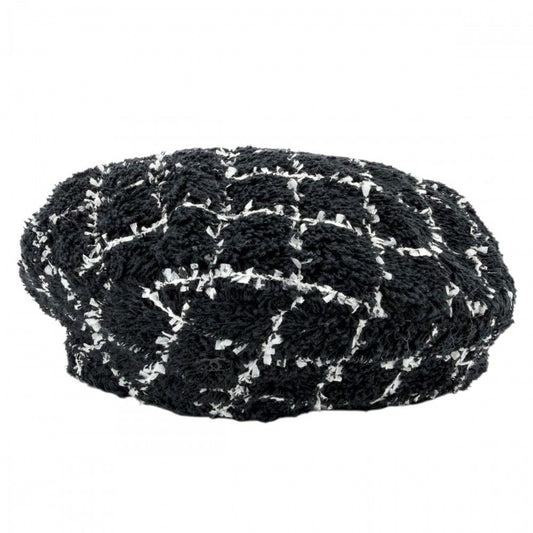 Chanel Beret Check Hat CC Logo M Cotton Polyamide Polyester Black White Spring