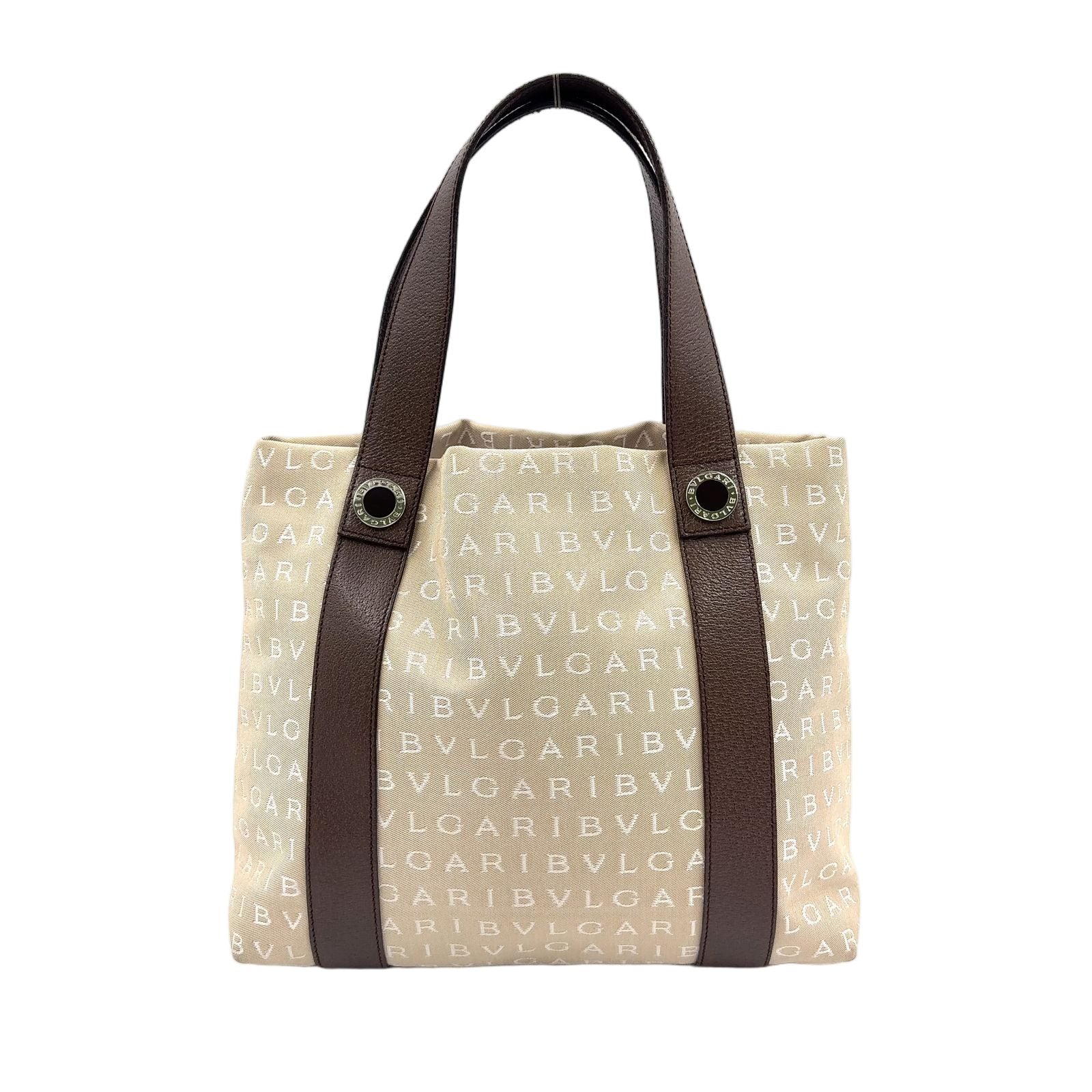 Bvlgari Logo Mania Leather Canvas Brown Beige Tote Silver
