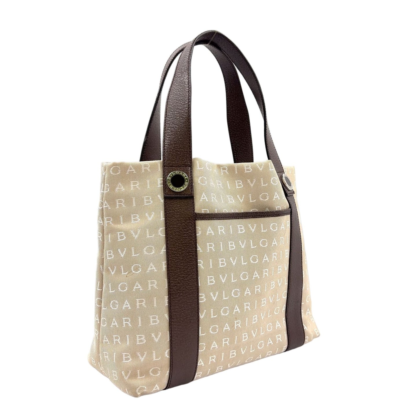 Bvlgari Logo Mania Leather Canvas Brown Beige Tote Silver — view 2