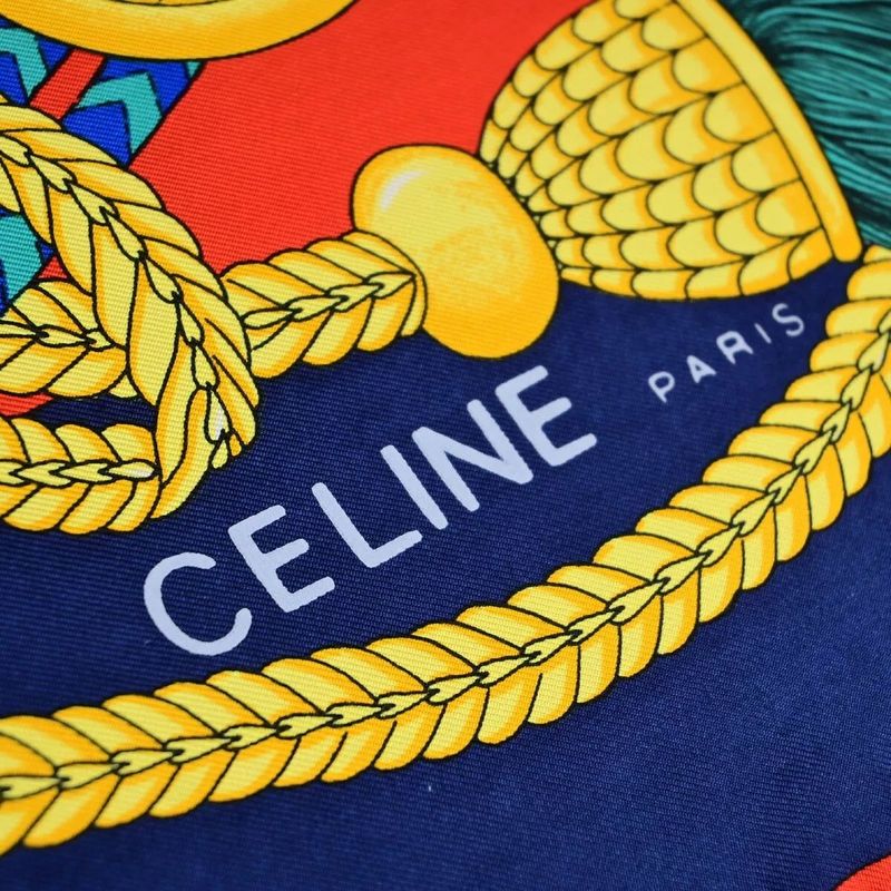 Celine Logo Scarf Large Size 100% Silk Red Navy 01bs035