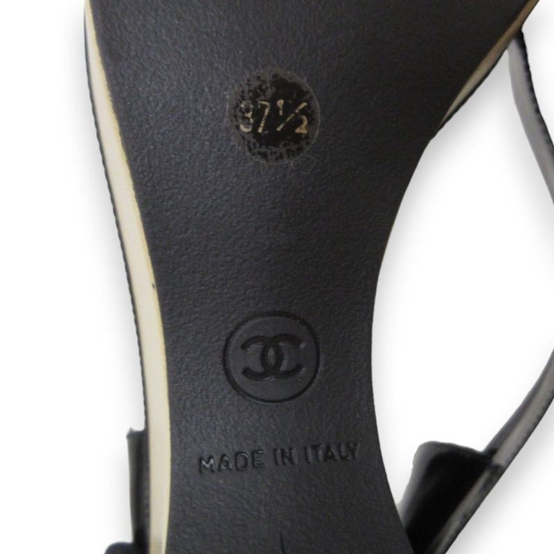 Chanel Patent Leather Platform Ribbon Ankle Strap Heeled Sandals 37.5 Approx