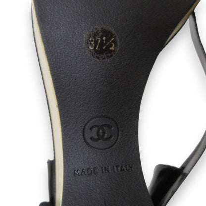 Chanel Patent Leather Platform Ribbon Ankle Strap Heeled Sandals 37.5 Approx