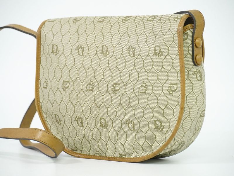 Authentic Christian DIOR Honeycomb Pattern Shoulder Bag Pochette PVC Beige Bag