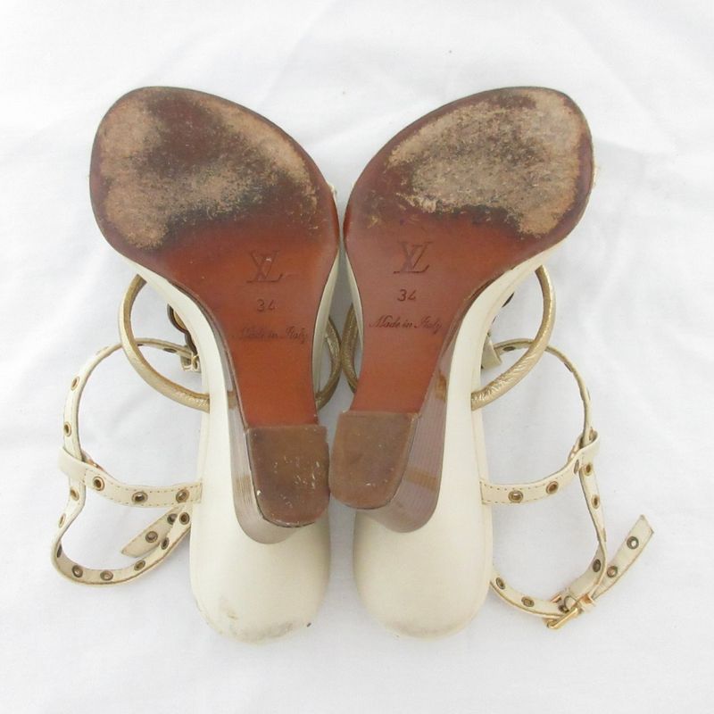 Louis Vuitton Leather Monogram Flower Strap Wedge Sole Sandals Small Size 34