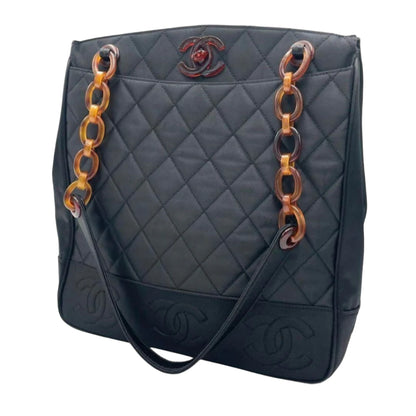 CHANEL Vintage Tortoiseshell Wooden Handle Quilted Tote Bag Black