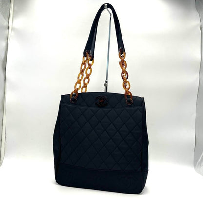 CHANEL Vintage Tortoiseshell Wooden Handle Quilted Tote Bag Black