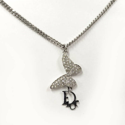 Dior Butterfly Necklace Logo Line Stone Plated Silver