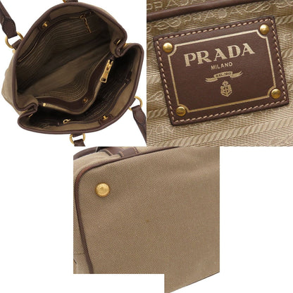 Prada Logo Tote Beige Dark Brown Leather Jacquard Canvas 2-Way Handbag — view 5