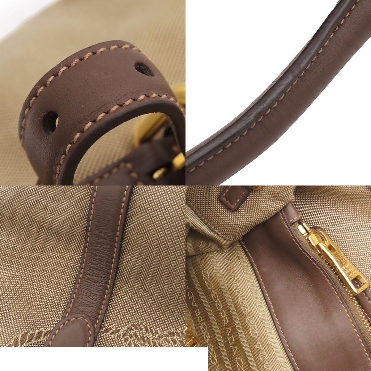 Prada Logo Tote Beige Dark Brown Leather Jacquard Canvas 2-Way Handbag — view 7