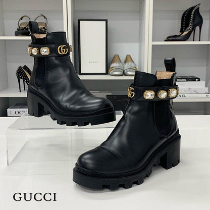 Gucci Leather Bijou GG Marmont Belt Side Gore Short Boots