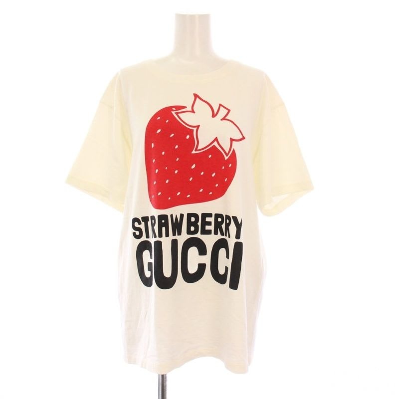 Gucci Strawberry Print T-Shirt Cut And Sew Short Sleeve XS White KH