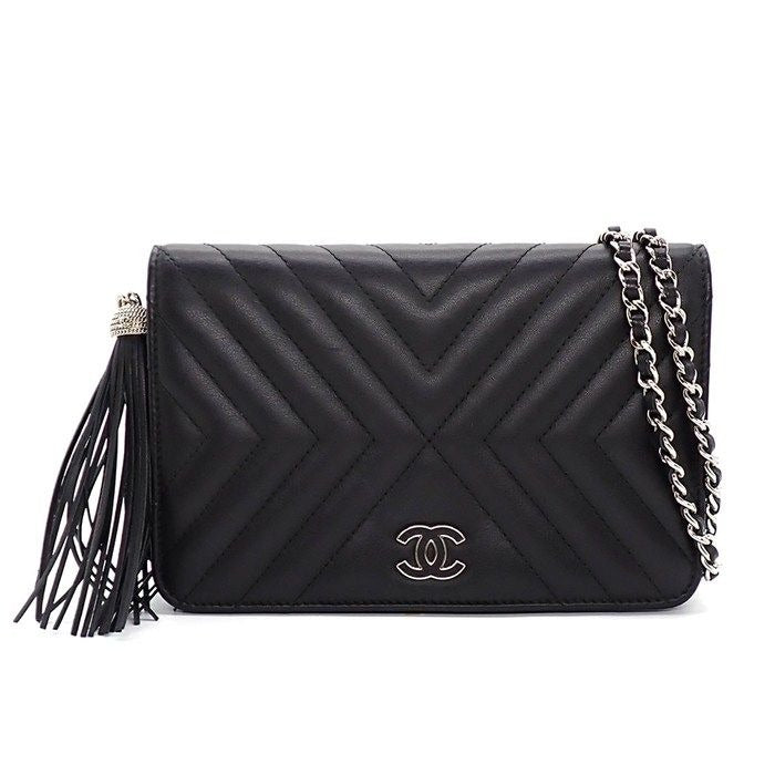 Chanel Shoulder Bag Chevron Chain Wallet V Stitch Black