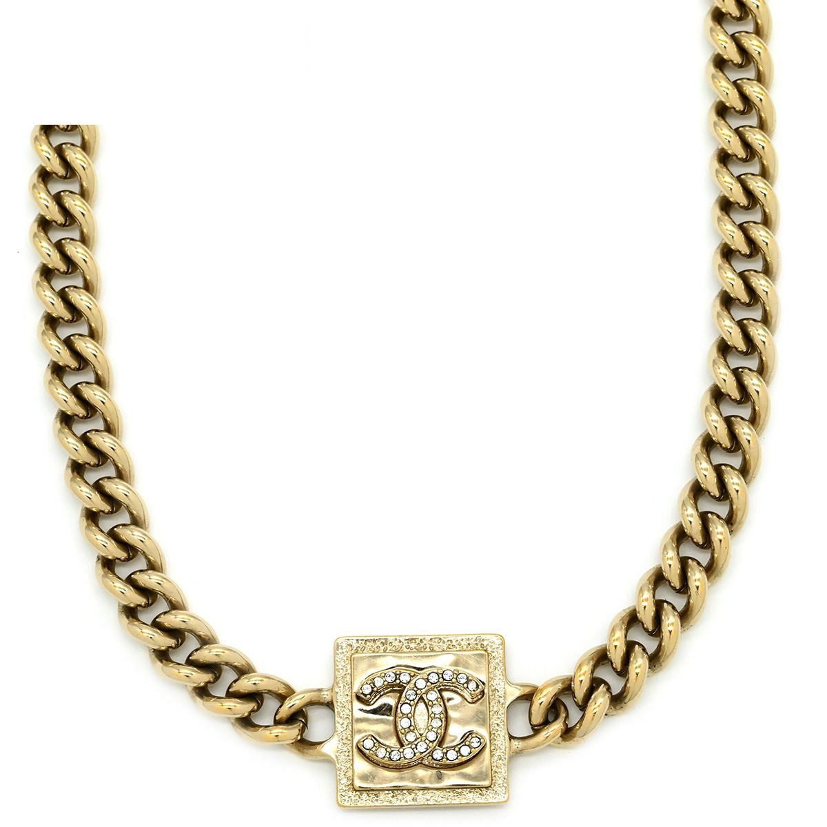 Chanel Necklace CC Logo Square Plate Rhinestone Gold CC Mark Choker Champagne