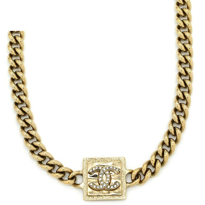 Chanel Necklace CC Logo Square Plate Rhinestone Gold CC Mark Choker Champagne