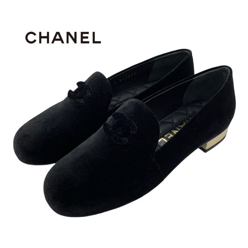Chanel Loafers Leather Shoes Velvet Black Gold Coco Mark Flat