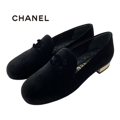 Chanel Loafers Leather Shoes Velvet Black Gold Coco Mark Flat