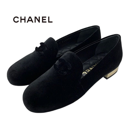 Chanel Loafers Leather Shoes Velvet Black Gold Coco Mark Flat