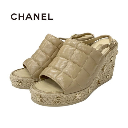 Chanel Sandals Shoes Leather Beige Gold Strap Chocolate Bar Coco Mark Icon