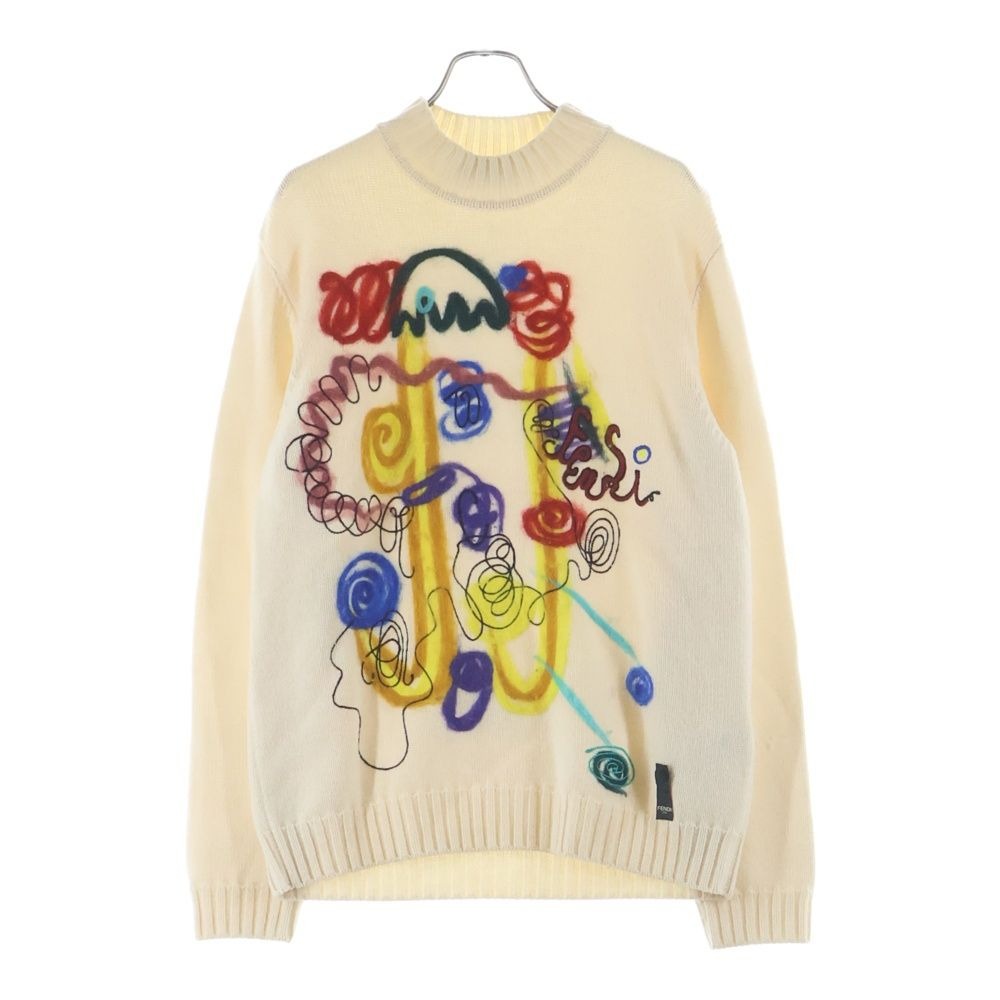 Fendi Art Embroidery Mock Neck Wool Long Sleeve Knit Sweater Ivory