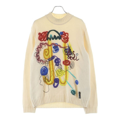 Fendi Art Embroidery Mock Neck Wool Long Sleeve Knit Sweater Ivory