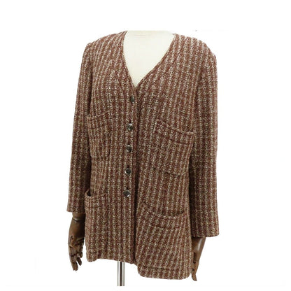 Chanel 97A Tweed Collarless Jacket Brown Wool Top 42