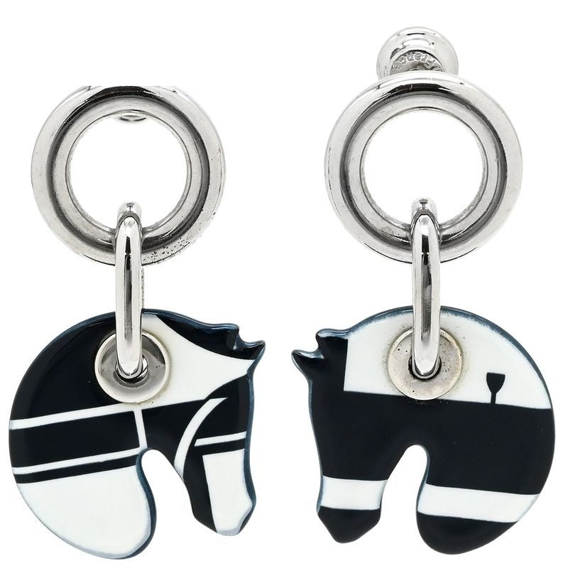Hermes Earrings Tattersalls Enamel Metal Navy White Horse Print