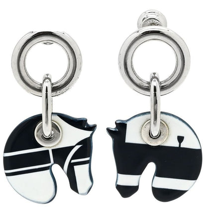 Hermes Earrings Tattersalls Enamel Metal Navy White Horse Print