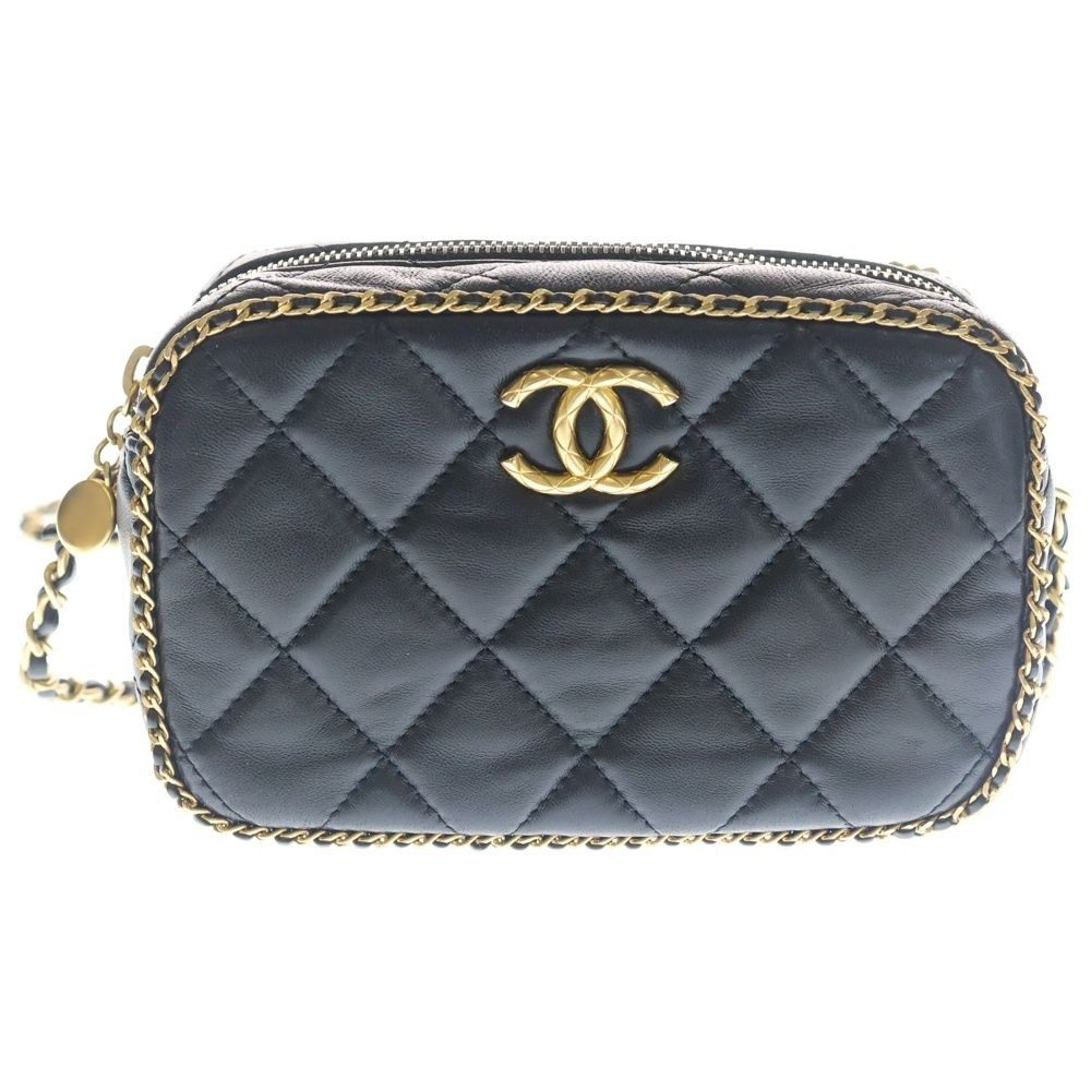 Chanel Mini Camera Lambskin Leather Chain Shoulder Bag Gold Black Plate