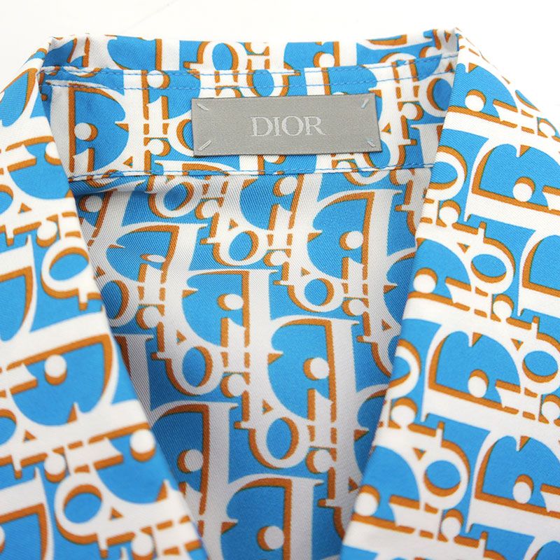 Dior Oblique Allover Silk Short Sleeve Shirt Size 38 Blue
