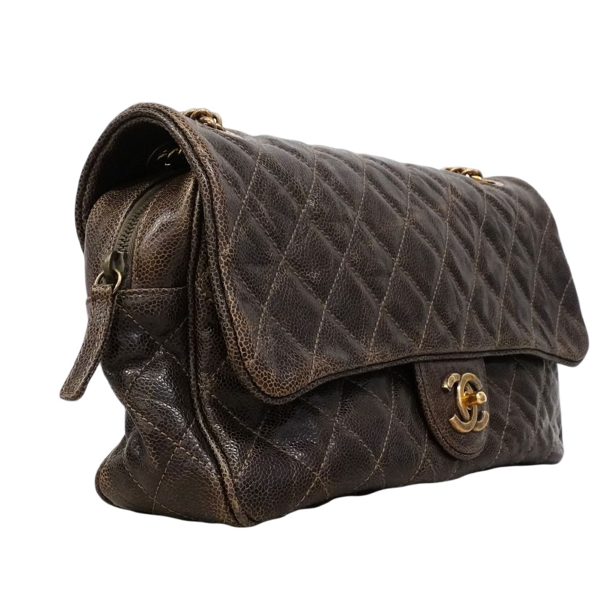 Chanel Shoulder Bag Quilted Caviar Leather Brown Gold — view 2