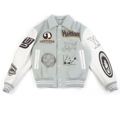 Louis Vuitton Patch Sleeve Leather Stadium Jumper Varsity Jacket Blue Gray