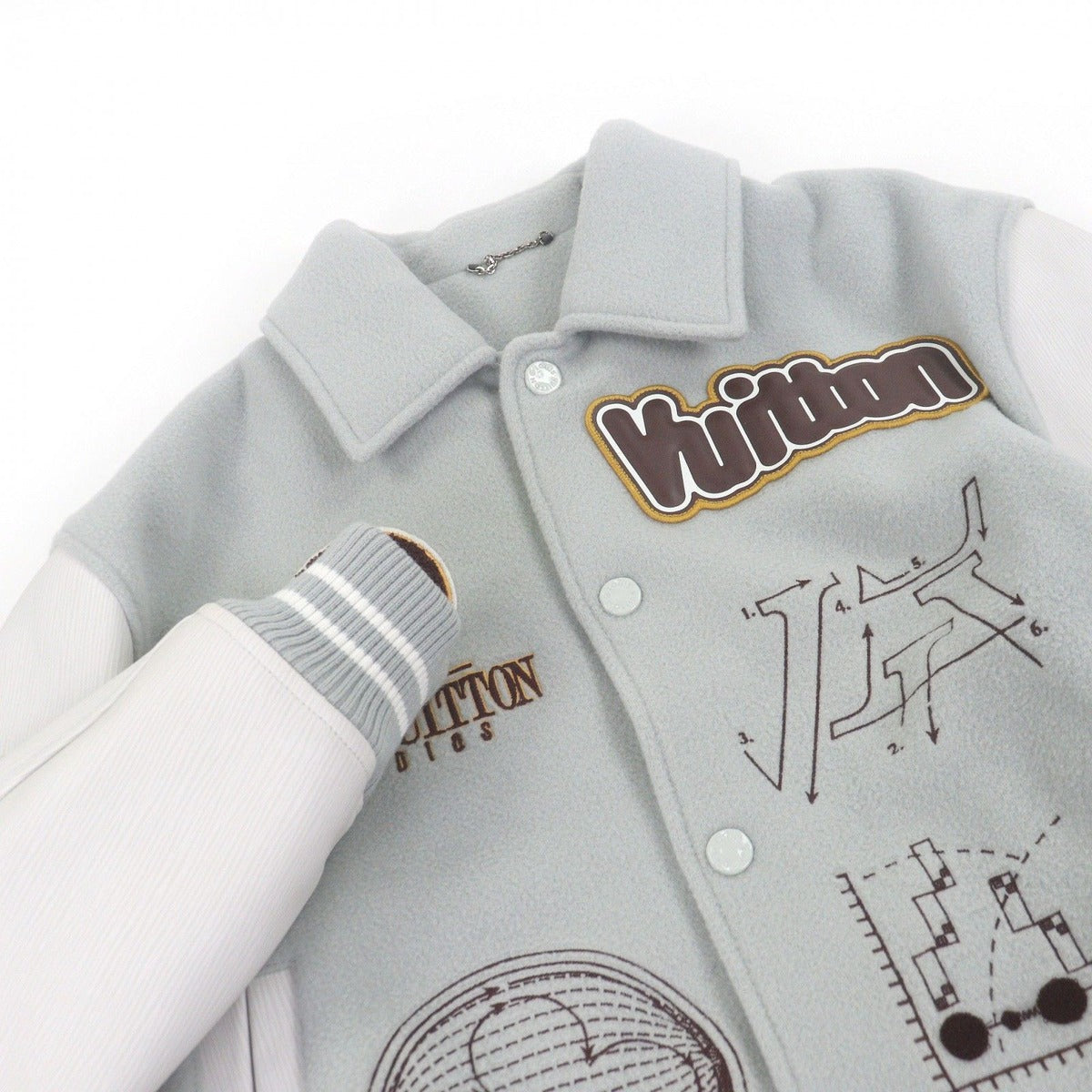 Louis Vuitton Patch Sleeve Leather Stadium Jumper Varsity Jacket Blue Gray — view 2