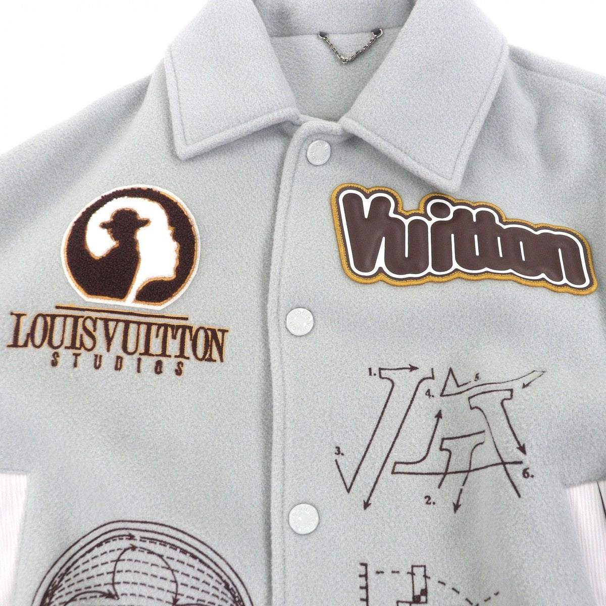 Louis Vuitton Patch Sleeve Leather Stadium Jumper Varsity Jacket Blue Gray — view 5