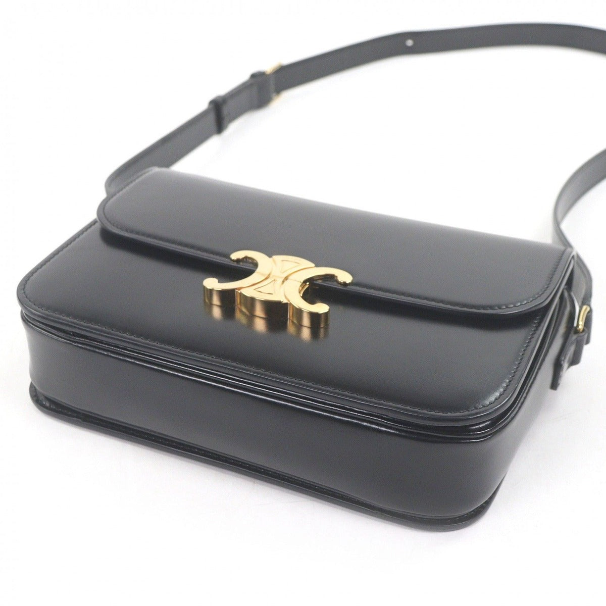Celine Teen Shiny Calfskin Leather Triomphe Shoulder Bag Black Gold — view 5
