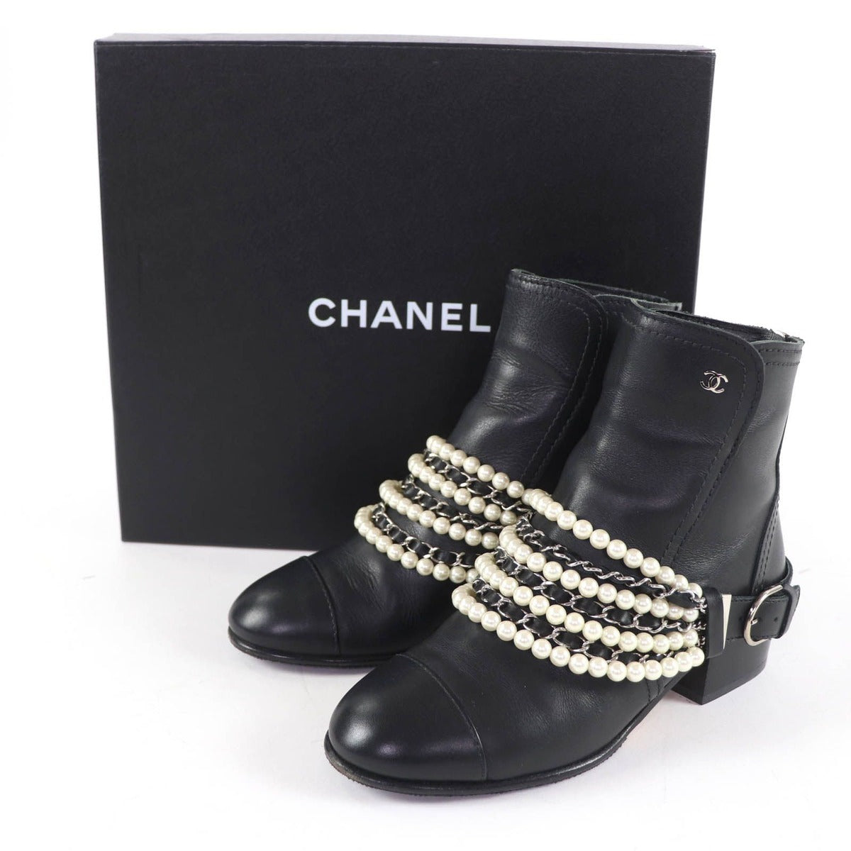 Chanel CC Logo Faux Pearl Chain Leather Short Boots Black 36 — view 2